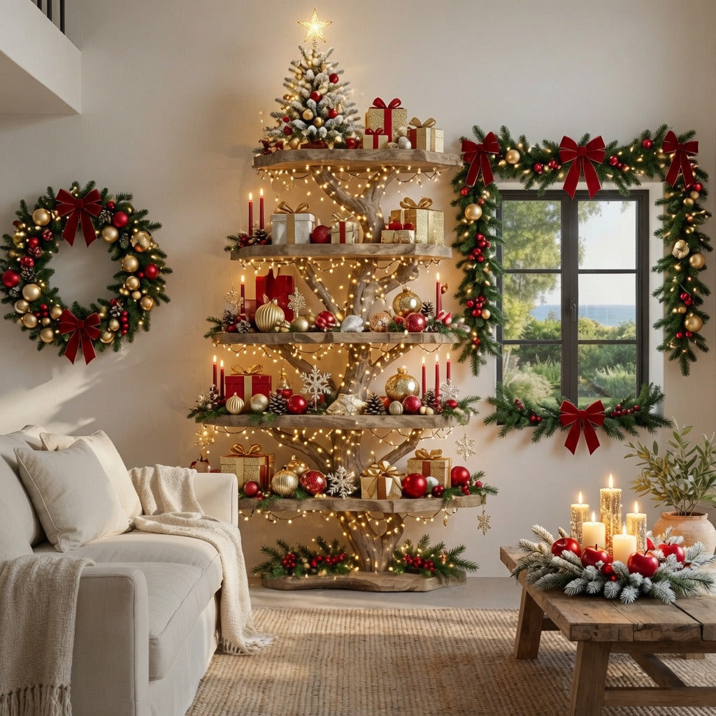 Handcrafted Tree-Inspired Christmas Solid Wood Floor Bookshelf
