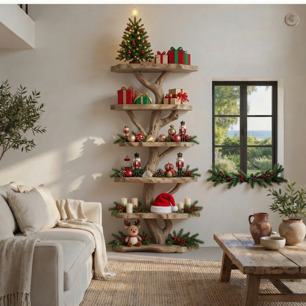 Handcrafted Tree-Inspired Christmas Solid Wood Floor Bookshelf