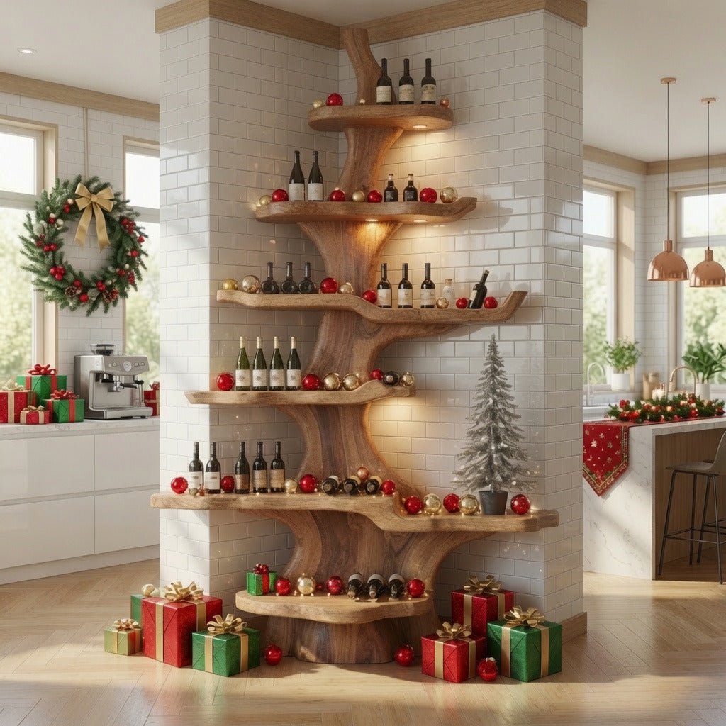 Handcrafted tree-inspired wine display shelf in solid wood