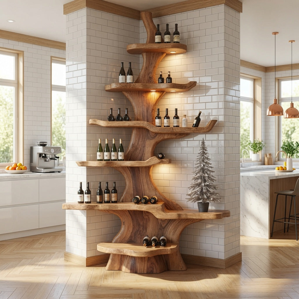Handcrafted tree-inspired solid wood wine display shelf in a modern dining room