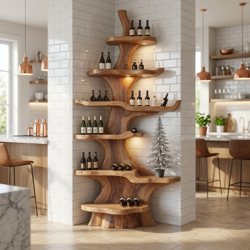 Rustic solid wood wine display shelf in a farmhouse dining room