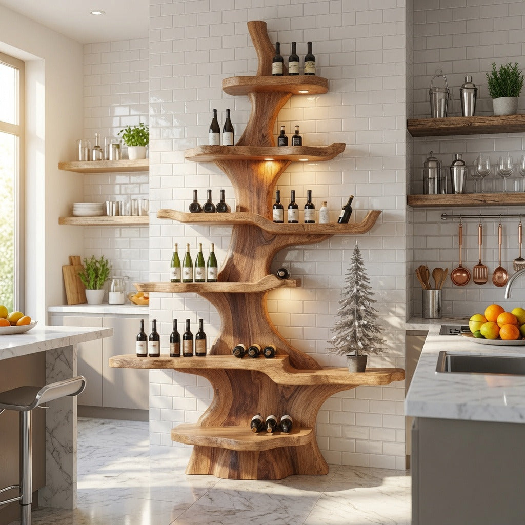 Contemporary solid wood wine shelf showcasing bottles in a stylish kitchen
