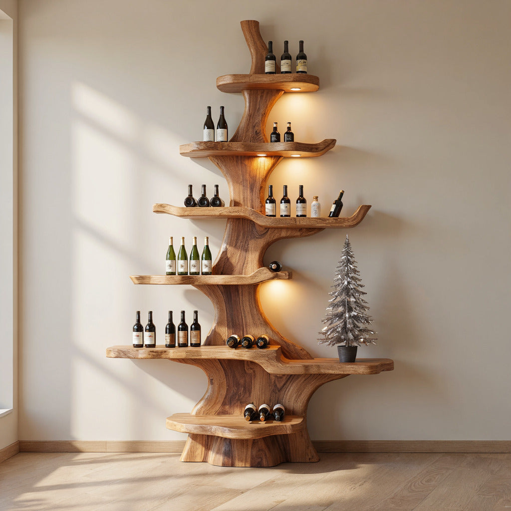 Tree-inspired wooden wine rack creating a seasonal centerpiece
