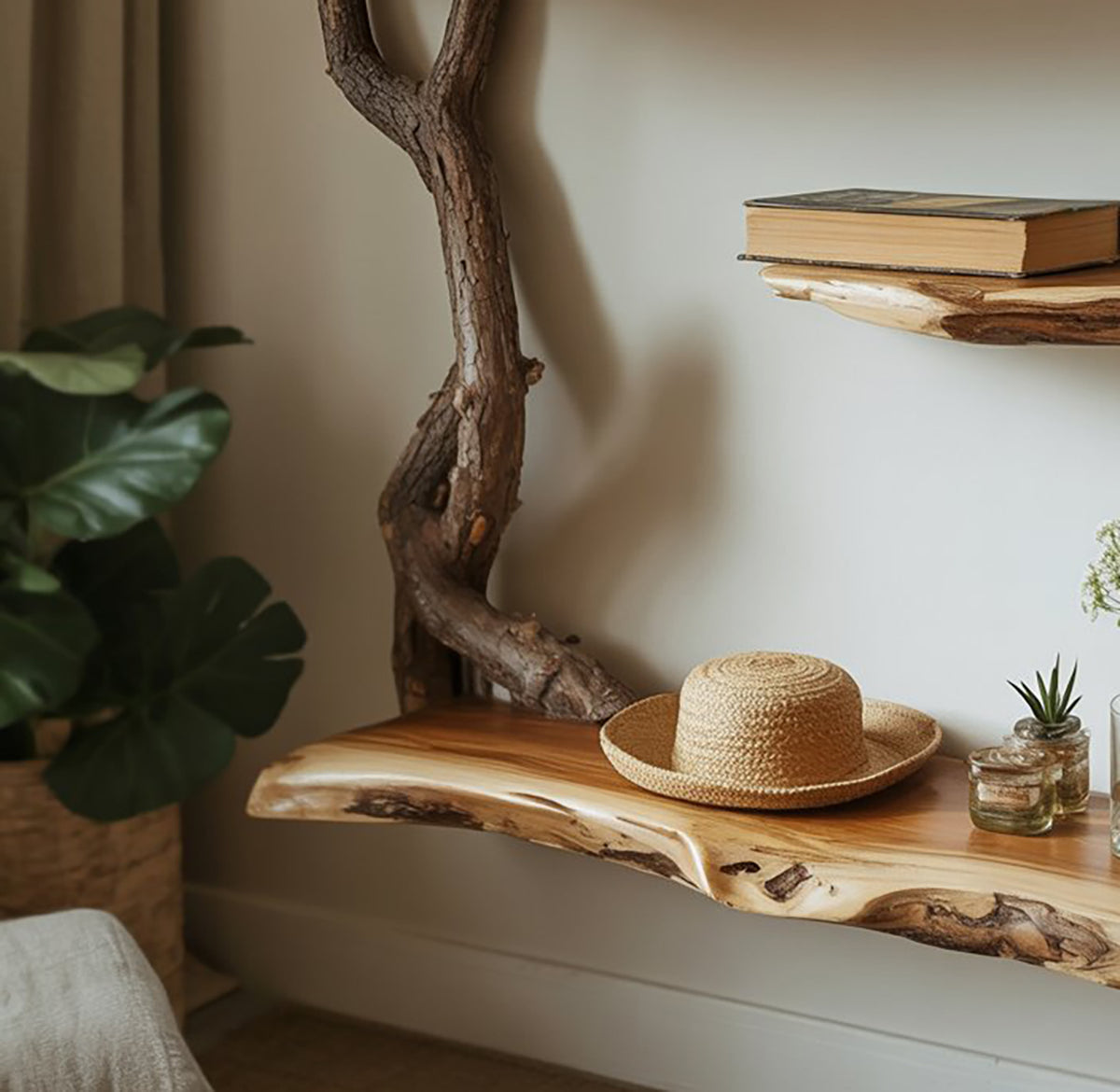 Handcrafted Tree Bookshelf Wall Mounted Sculptural Solid Wood Shelf
