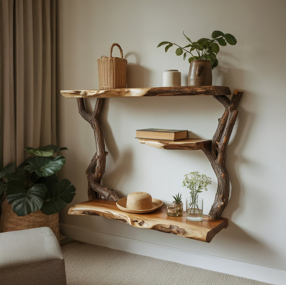 Handcrafted Tree Bookshelf Wall Mounted Sculptural Solid Wood Shelf