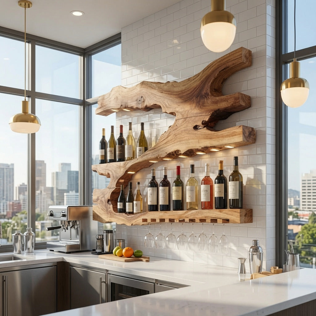 Handcrafted solid wood wine holder in a modern kitchen