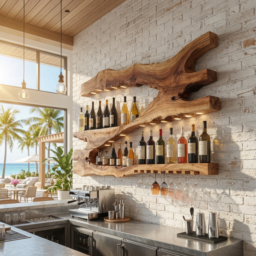 Natural hardwood wine display holder in a contemporary home bar
