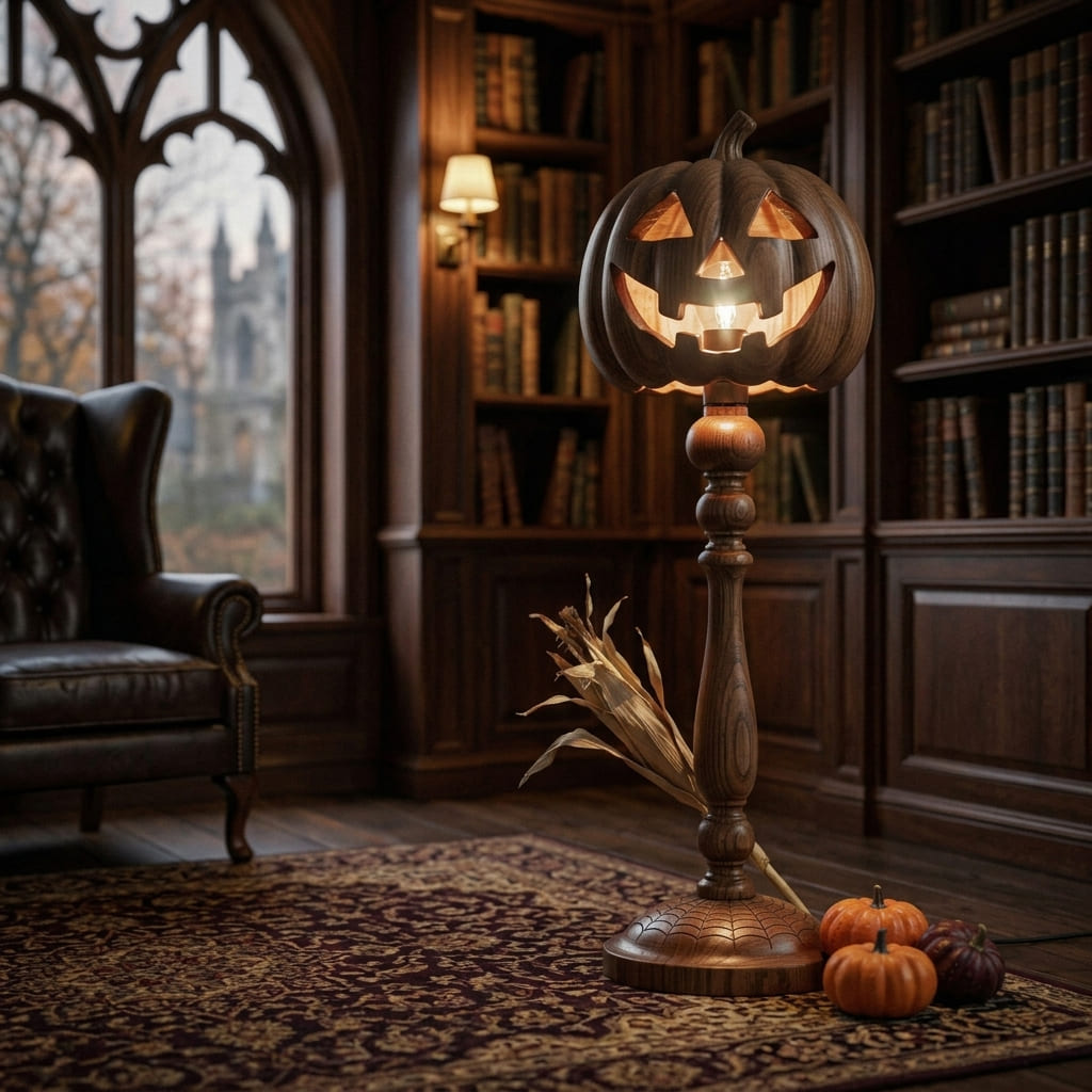 Solid wood Halloween lamp with tree root base beside a sofa