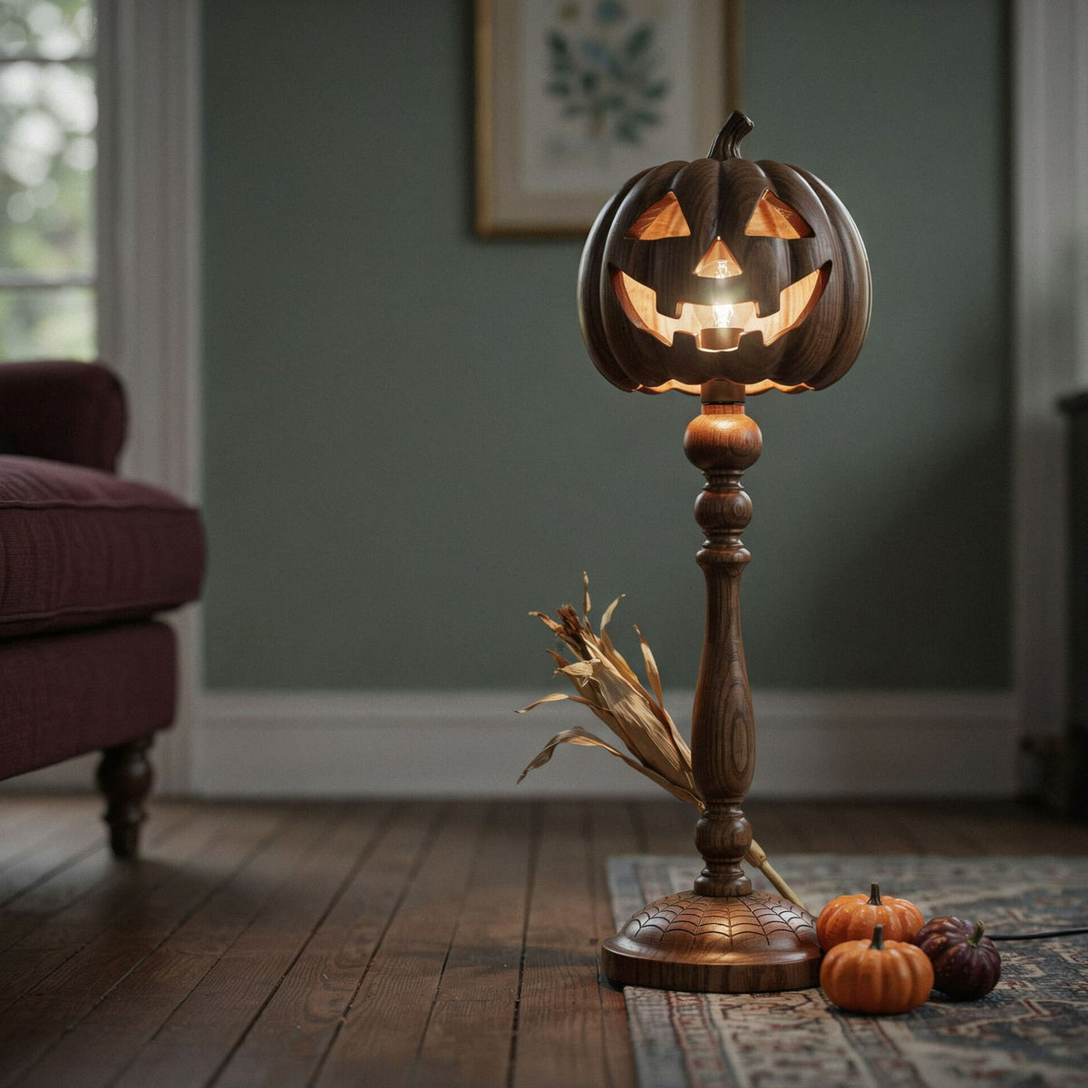 handcrafted wooden jack-o-lantern floor lamp with tree root base