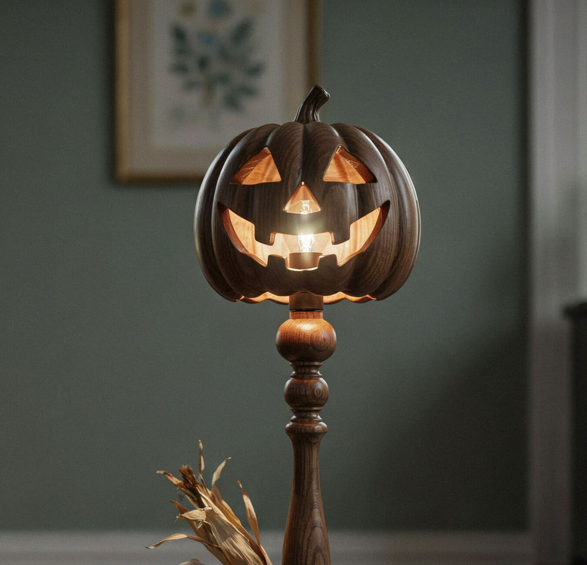 Spooky handcrafted wooden Halloween lamp