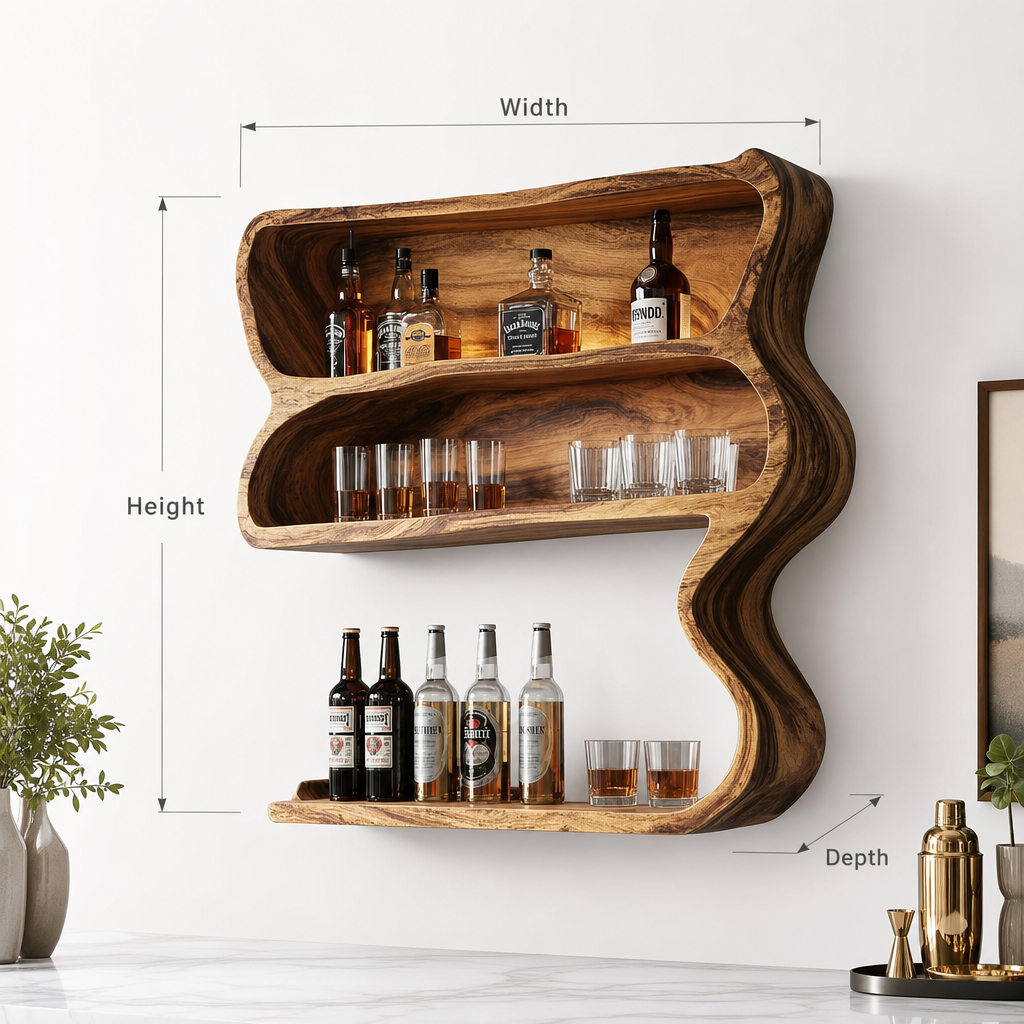 Handcrafted Bar Wall Shelf – Floating Live Edge Home Bar, Rustic Farmhouse Kitchen Decor