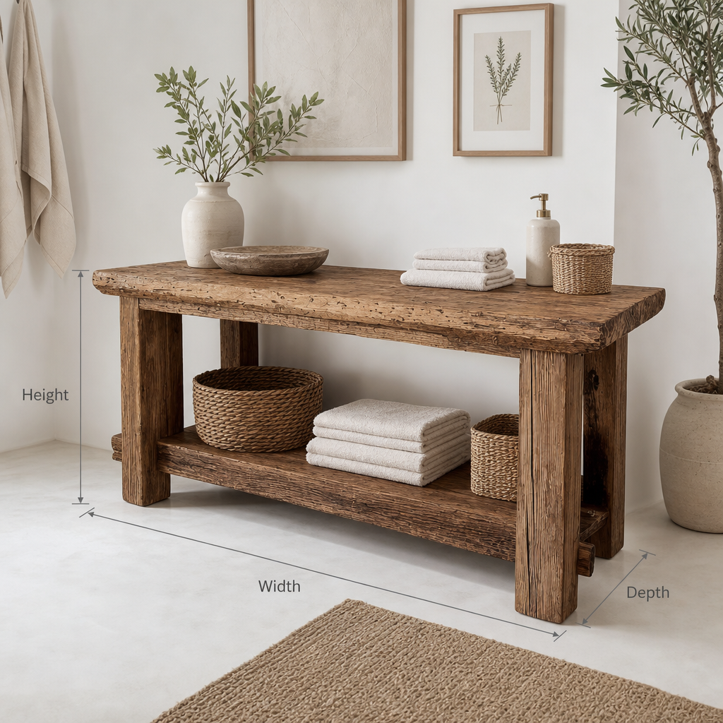 Handcrafted Bathroom Rustic Floating Vanity – Reclaimed Wood Live Edge Shelf, Custom Natural Sink Vanity