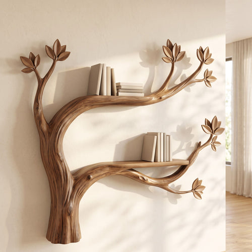 Handcrafted Botanical Tree Branch Wall Shelf - Floating Solid Wood Library