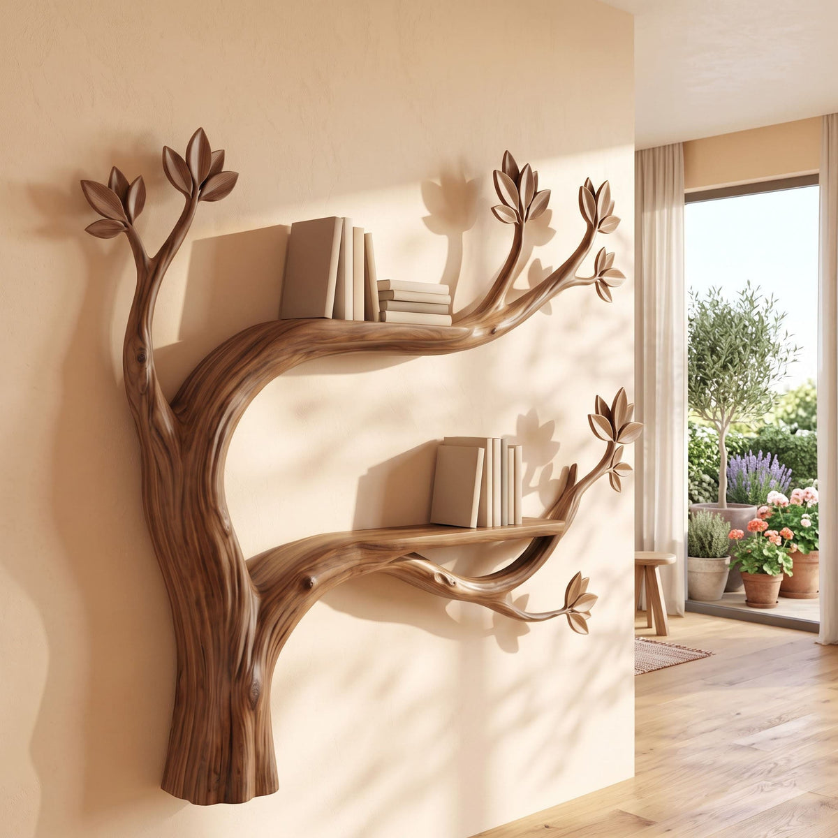 Botanical natural wood floating wall library for a modern living room accent wall