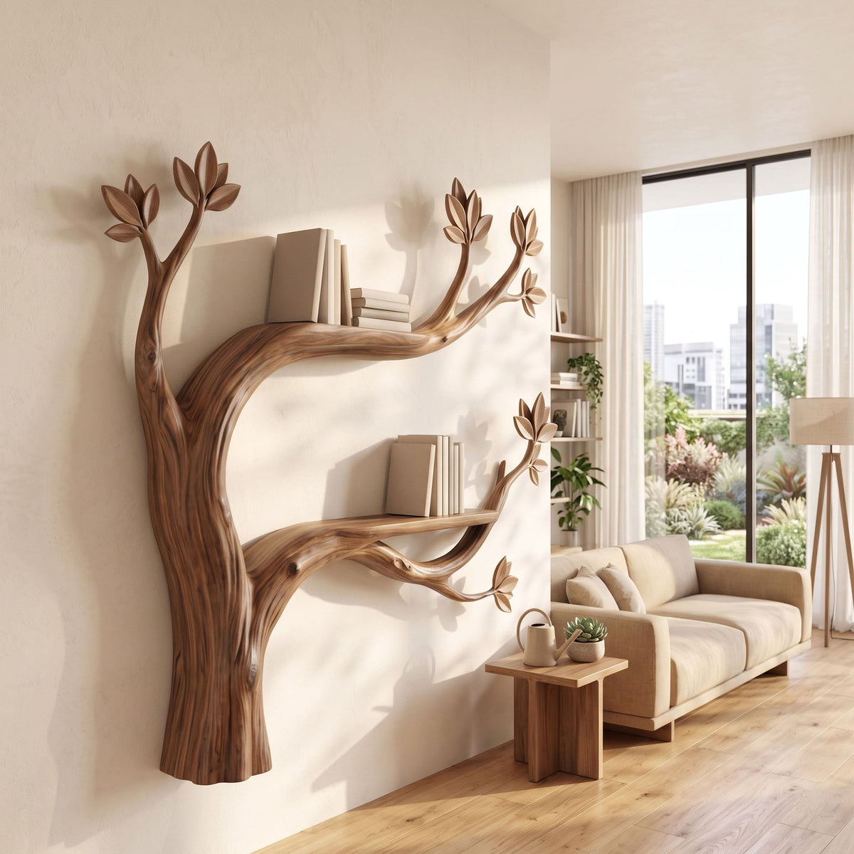 Handcrafted solid wood tree branch wall shelf styled with books in a cozy living room