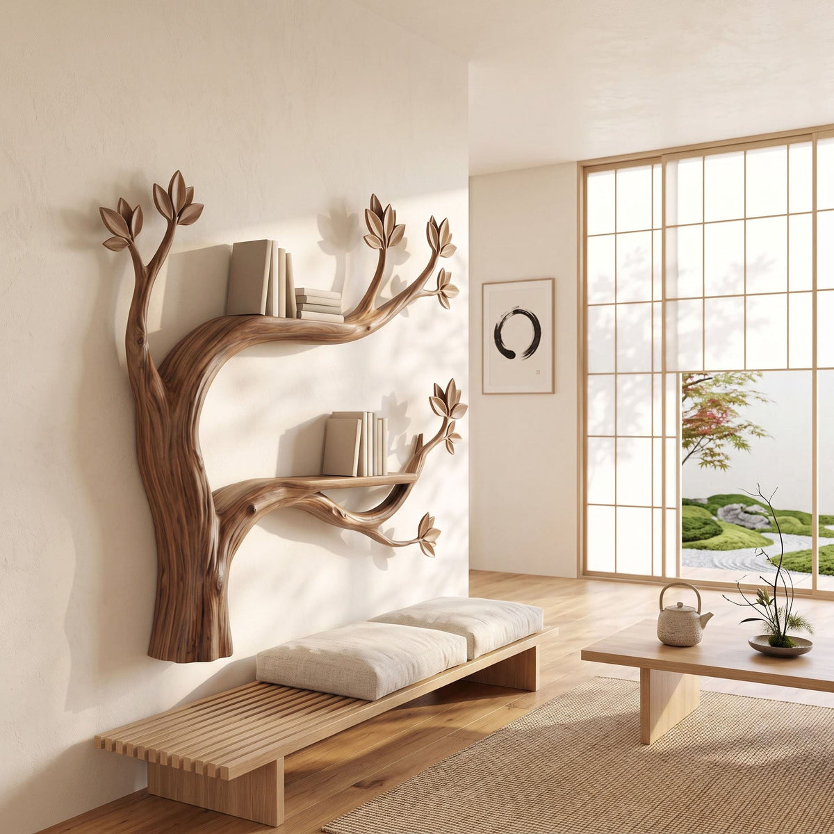 Botanical natural wood floating wall library for a modern living room accent wall