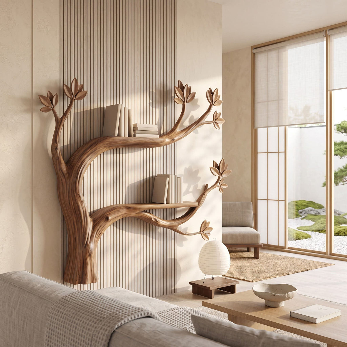 Contemporary solid wood branching book display shelf mounted in a living room