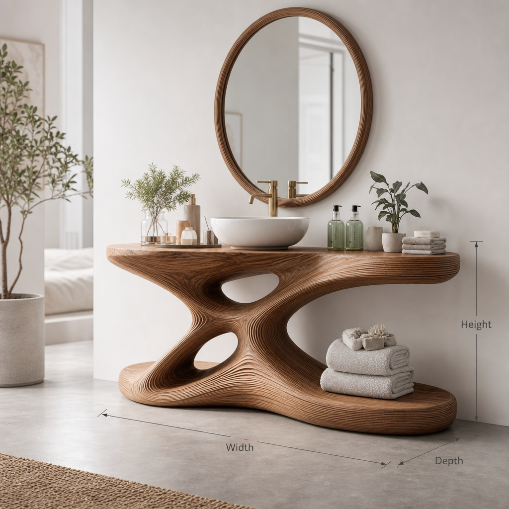 Rustic handcrafted corner bathroom vanity single sink cabinet with shelf