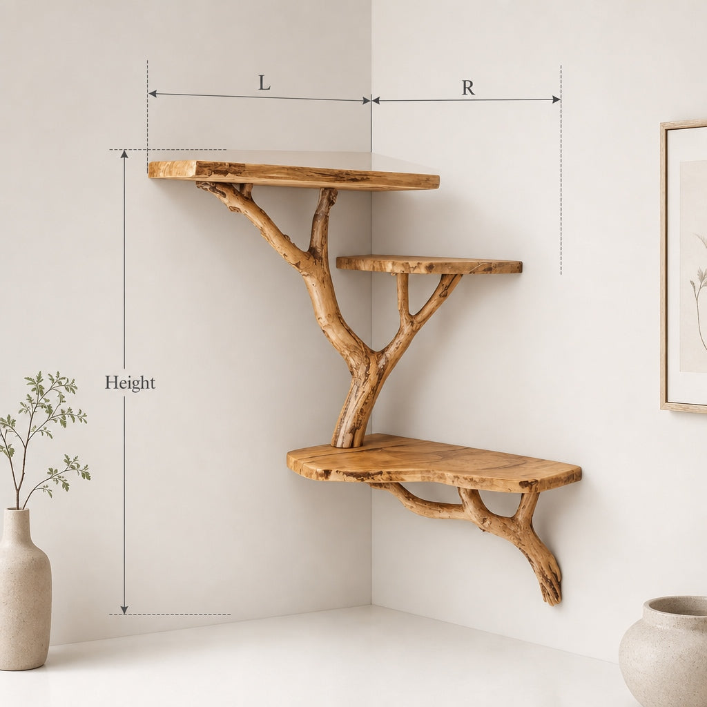 Handcrafted Driftwood Tree Branch Corner Bookshelf – Solid Wood Floating Shelf