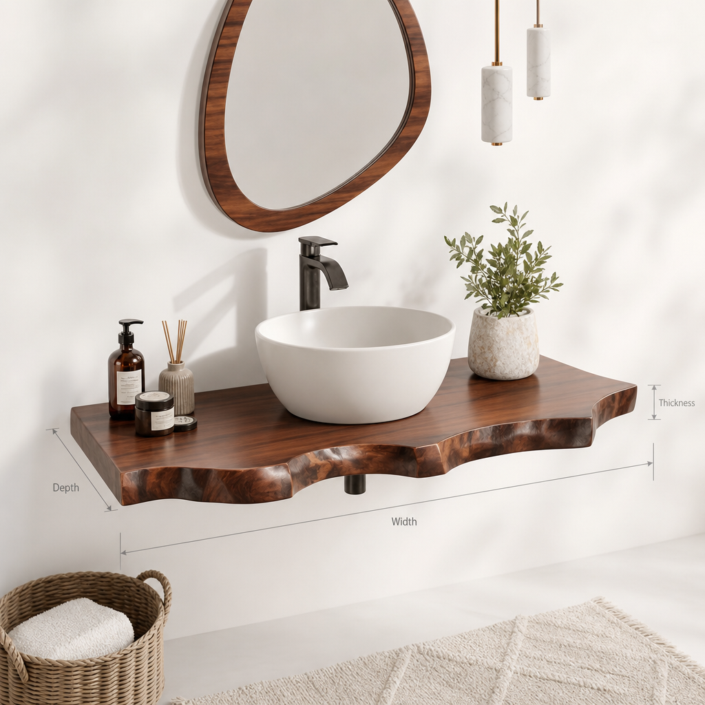 Handcrafted Floating Vanity – Wall Mounted Live Edge Bathroom Countertop