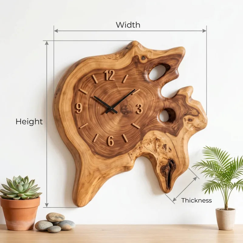 Handcrafted Live-Edge Solid Wood Burl Cross-Section Wall Clock with Natural Voids & Silent Quartz Movement