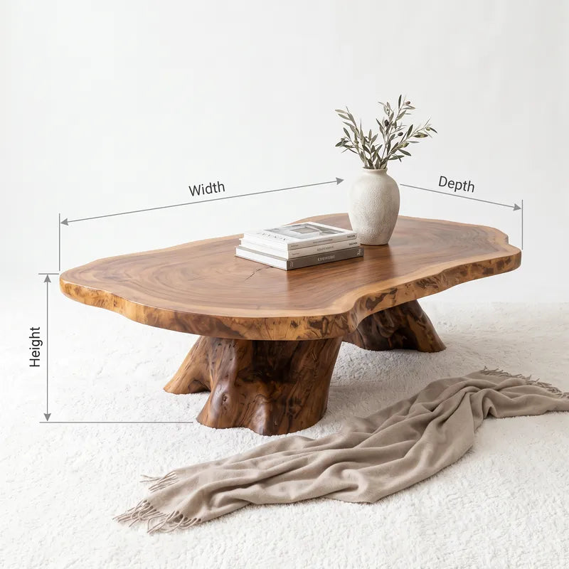 Handcrafted Live-Edge Solid Wood Christmas Coffee Table with Monolithic Tree-Trunk Stump Pedestal Base & Natural Slab Top