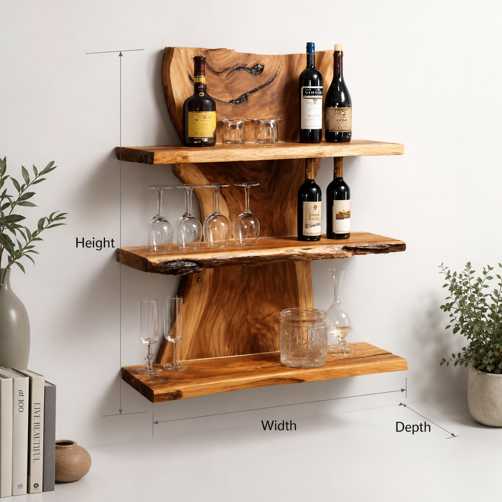 Handcrafted Live Edge Bar Shelf – 3-Tier Wooden Wall Bar, Rustic Floating Shelves for Home Bar Decor