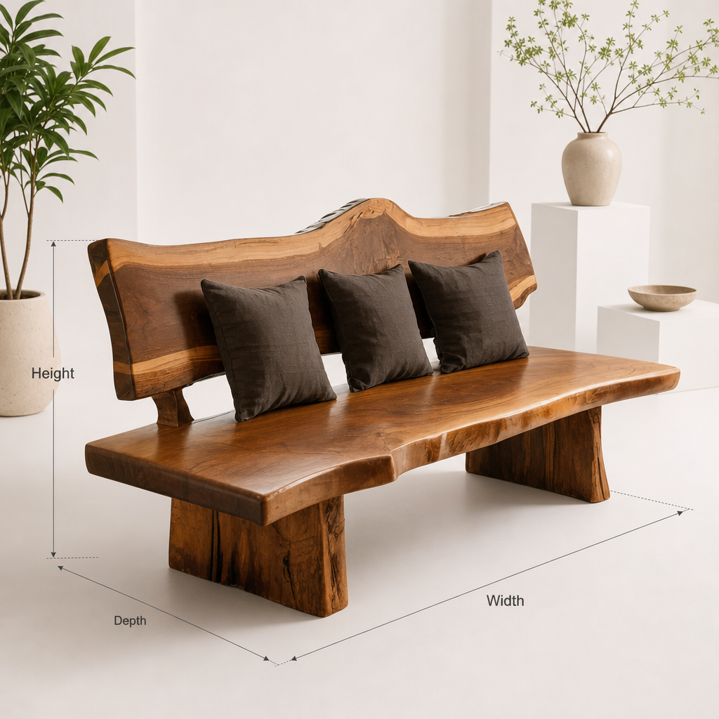 Handcrafted live edge solid wood bench for organic entryway seating decor
