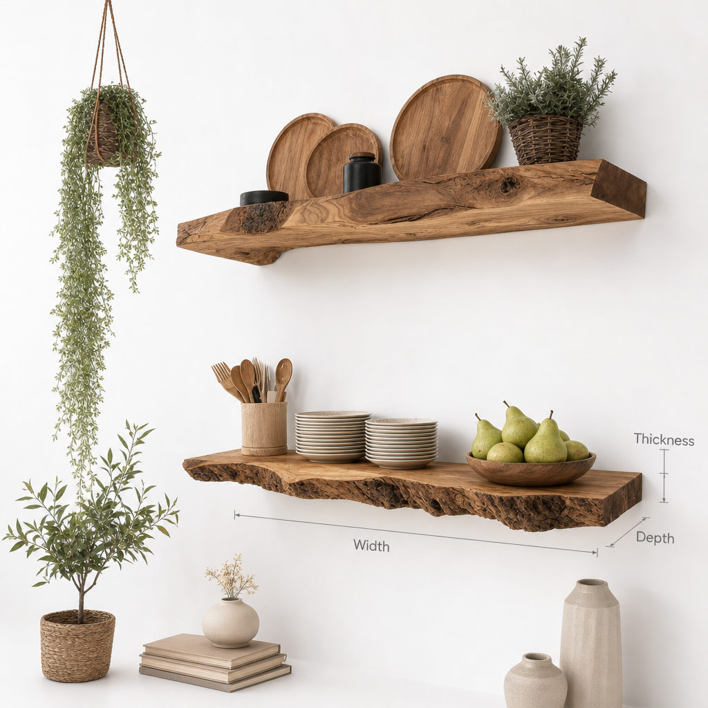 Handcrafted Live Edge Floating Shelf – Carved Wavy Wood Wall Art