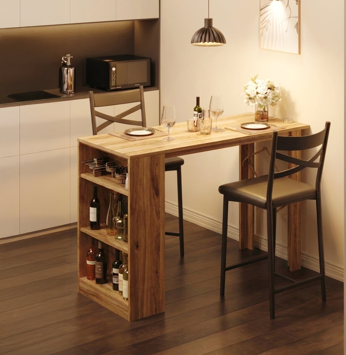 Japandi bar table with built-in wine storage shelf styled in a warm modern kitchen dining area
