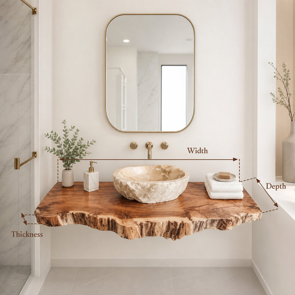 Handcrafted Live Edge Solid Wood Bathroom Vanity Shelf – Rustic Floating