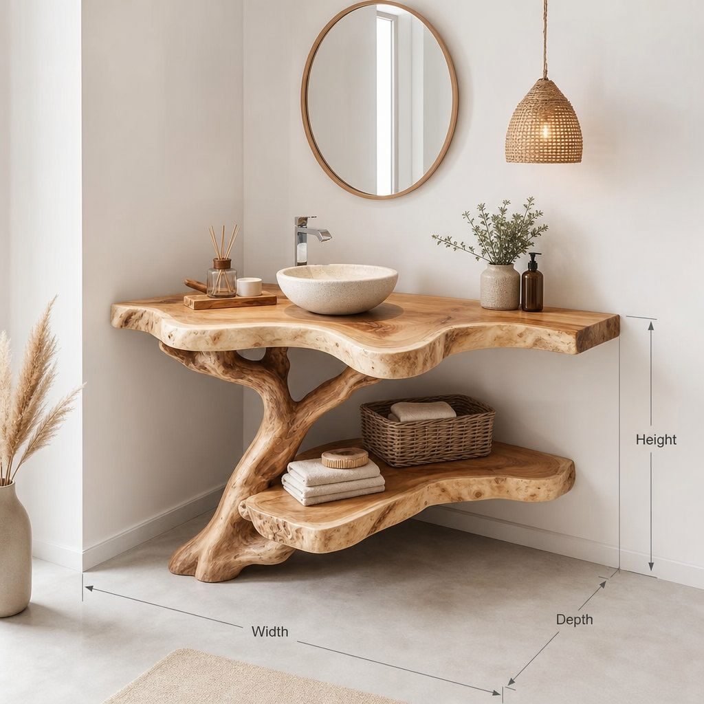 Handcrafted Live Edge Solid Wood Bathroom Vanity with Sculptural Tree Base