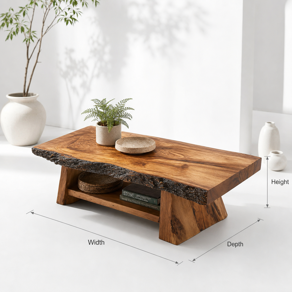 Handcrafted Live Edge Solid Wood Coffee Table with Shelf - Artisan Living Room Centerpiece