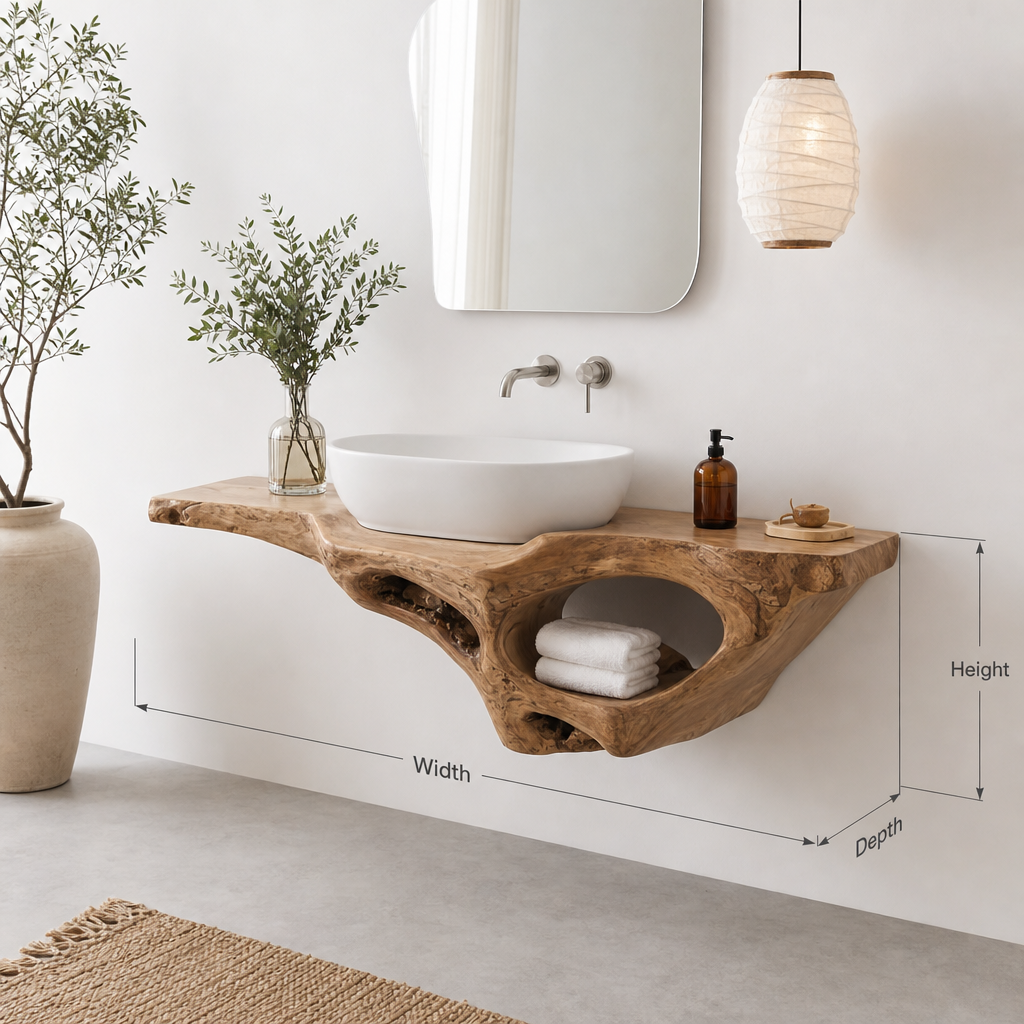 Handcrafted Live Edge Solid Wood Floating Bathroom Vanity with Organic Carved Storage Shelf
