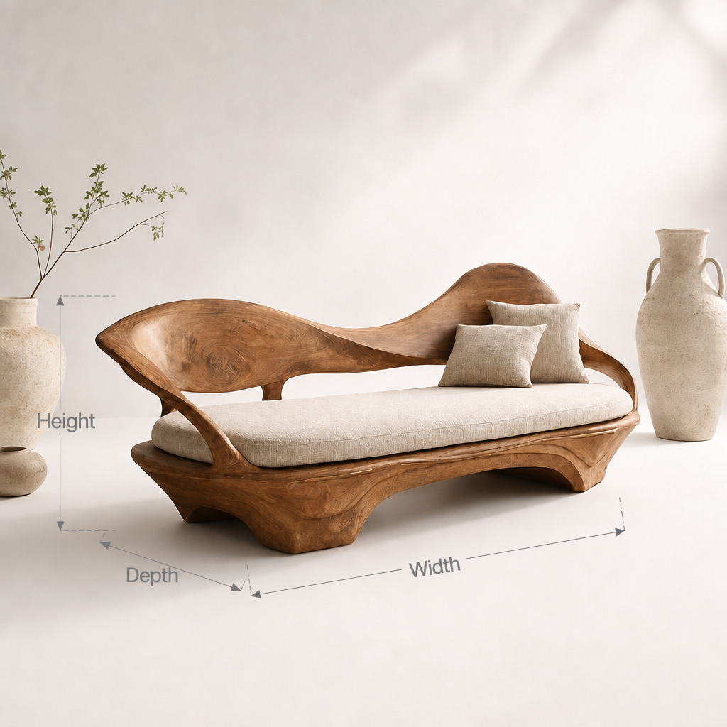 Organic handcrafted live edge solid wood sofa with natural frame design