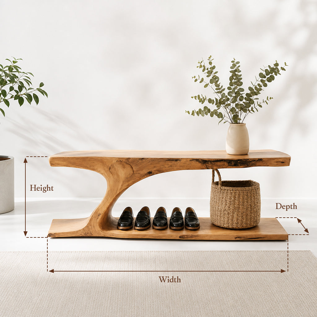 Handcrafted Live Edge Wooden Bench – Sculpted Natural Shoe Storage for Entryway or Hallway