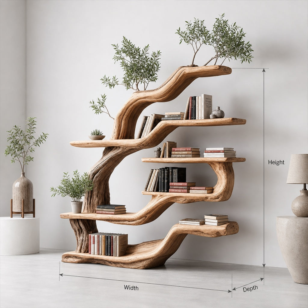 Handcrafted Live Edge Wooden Bookshelf – Artistic Tree Branch Design for Home or Office