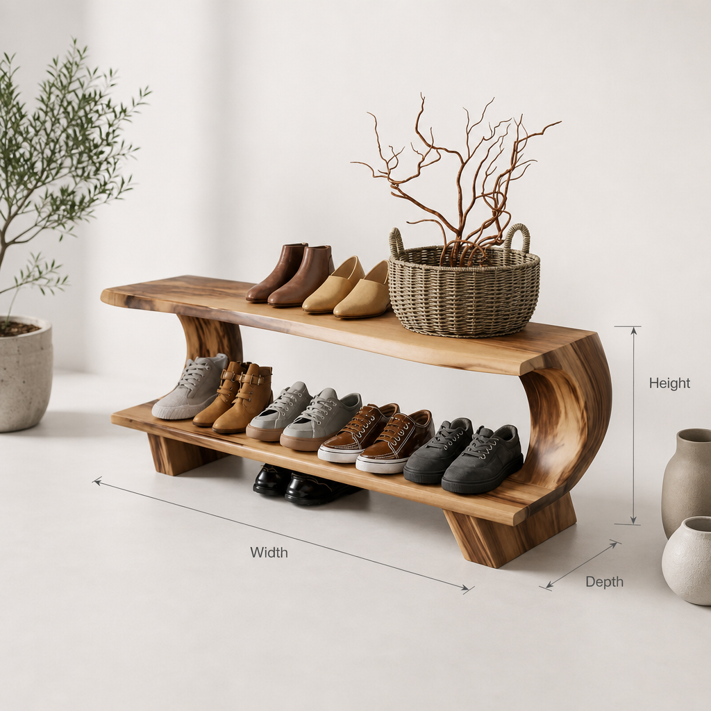 Handcrafted mid-century modern wooden shoe storage bench for compact entryway space