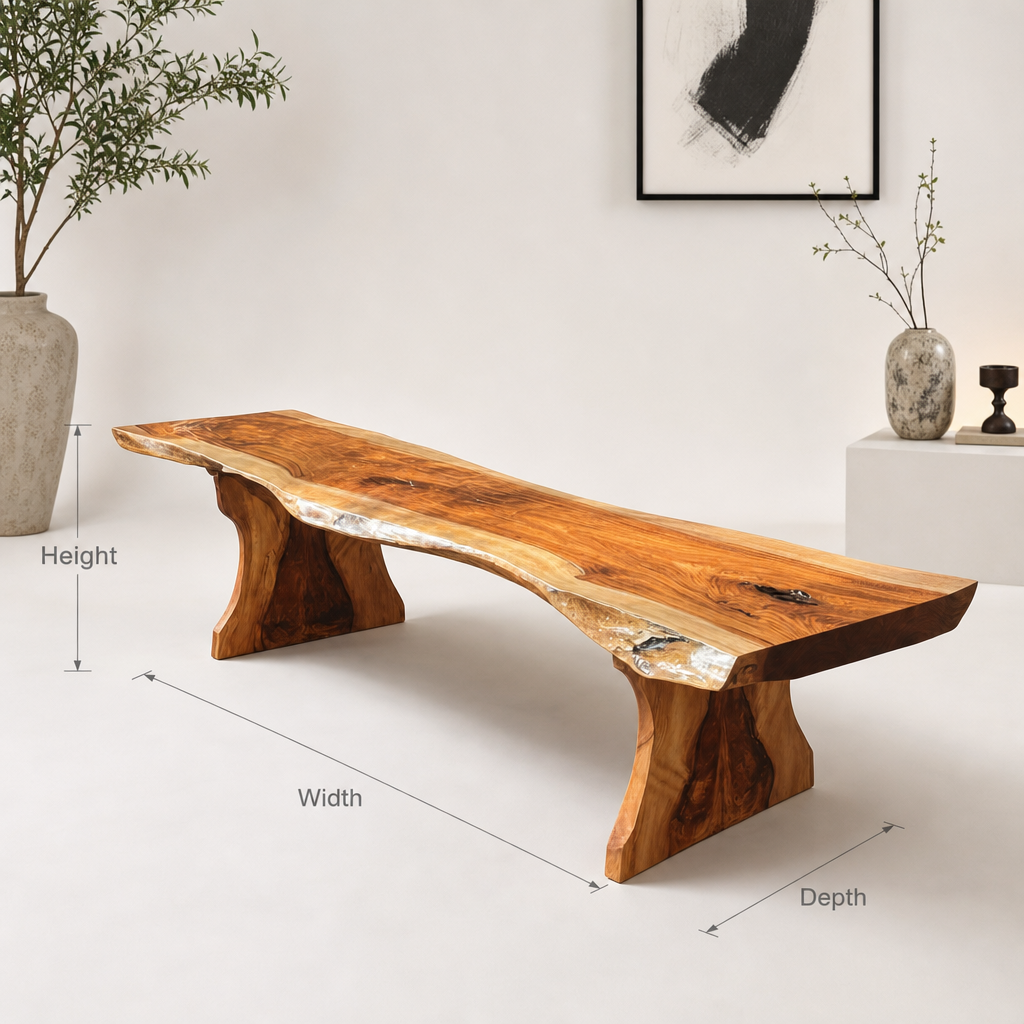 Handcrafted modern wooden bench with sculptural live edge design for outdoors