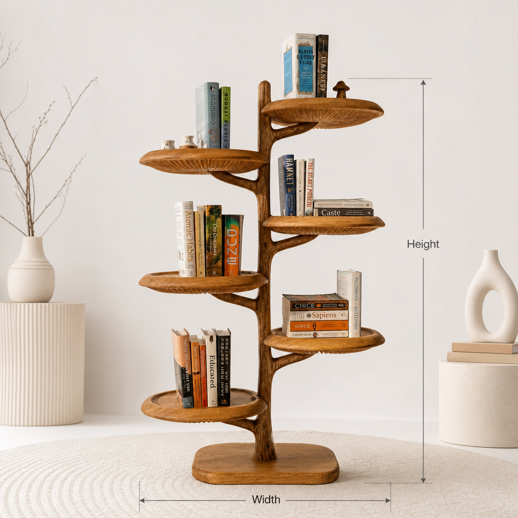 Handcrafted Mushroom Tree Bookshelf - Freestanding Solid Wood Tree Shelf