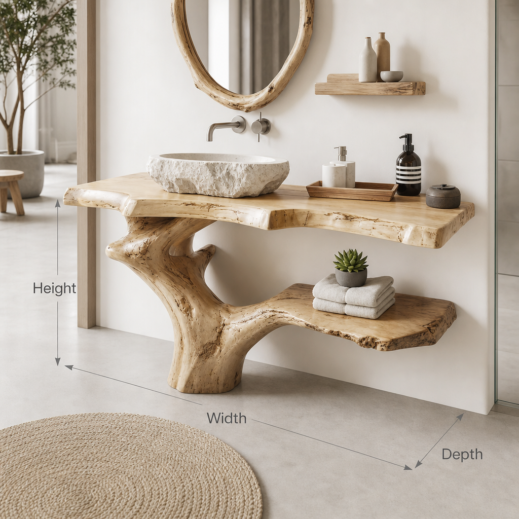 Artistic natural edge bathroom vanity with organic wood base
