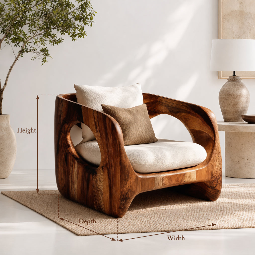 Handcrafted Organic Accent Chair – Solid Wood Sculptural Frame Armchair for Living Room
