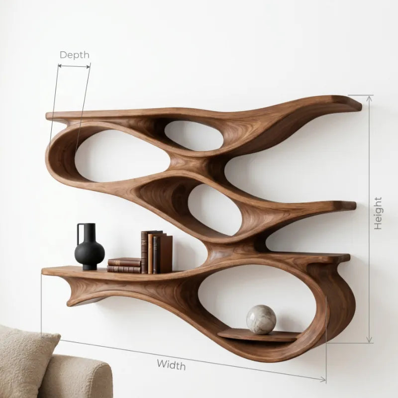 Handcrafted Organic Solid Wood Wall Shelf - Sculptural Curved Floating Display