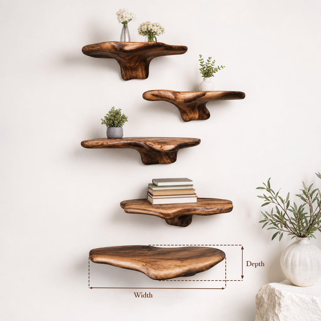 Handcrafted Organic Wooden Floating Wall Shelf – Live Edge Solid Wood