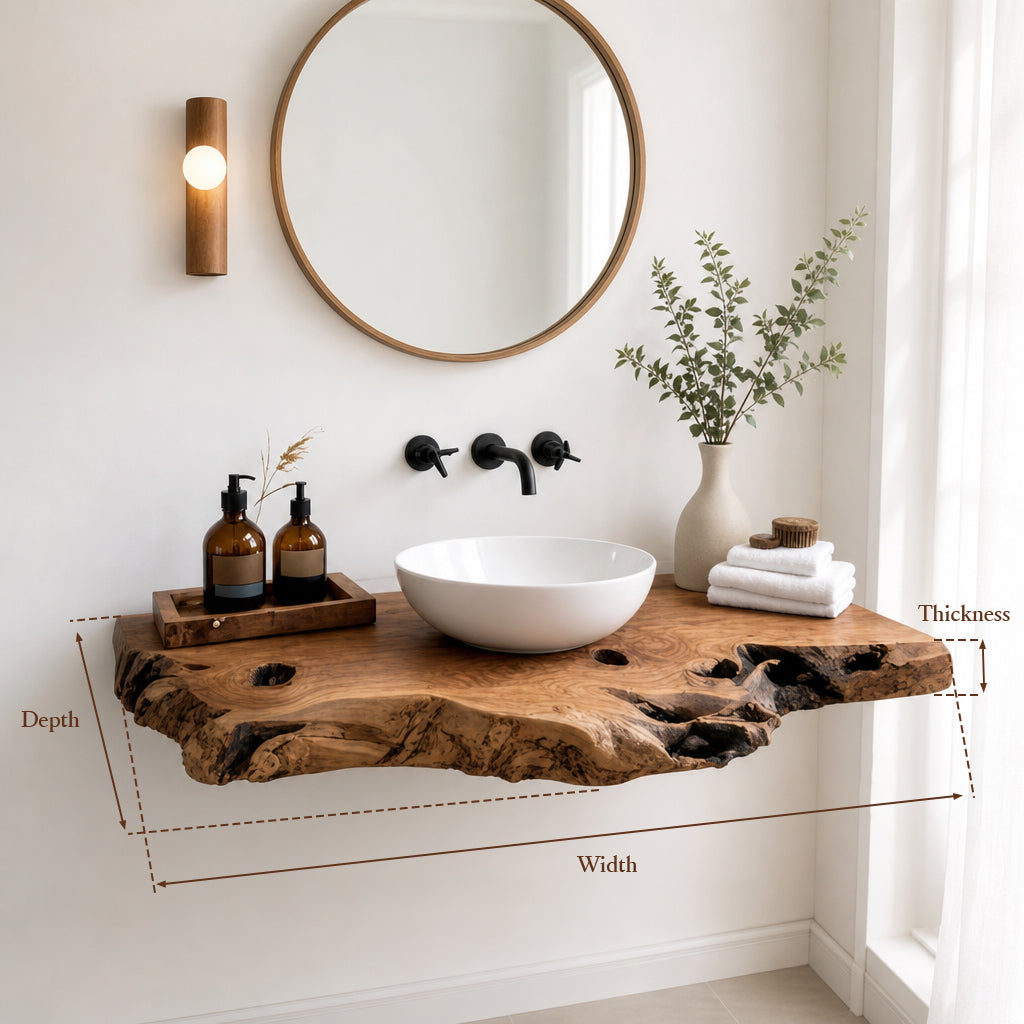 Handcrafted Rustic Floating Bathroom Vanity – Custom Live Edge Shelf, Solid Wood Bathroom Decor