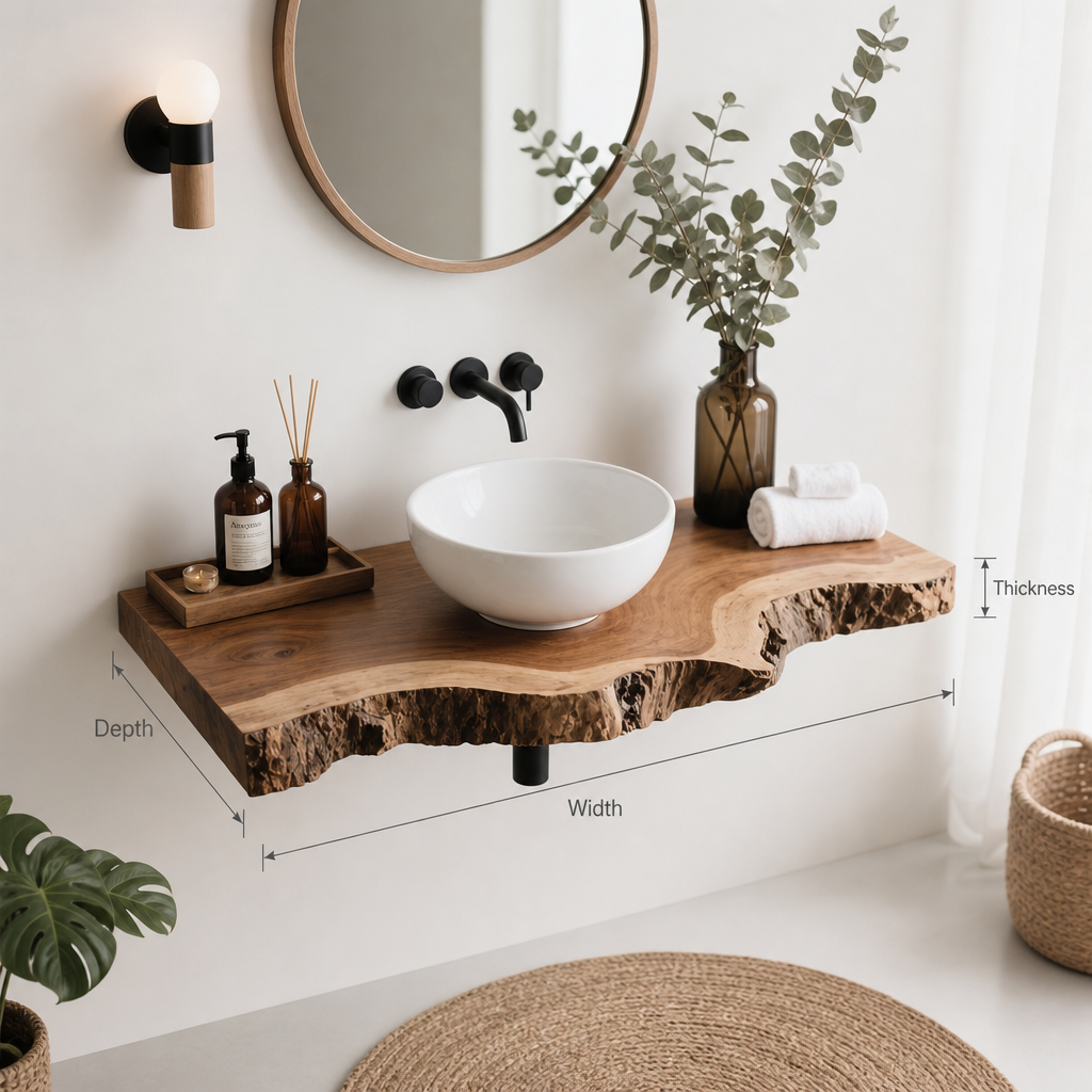 Handcrafted Rustic Floating Bathroom Vanity – Custom Live Edge Shelf, Solid Wood Bathroom Decor