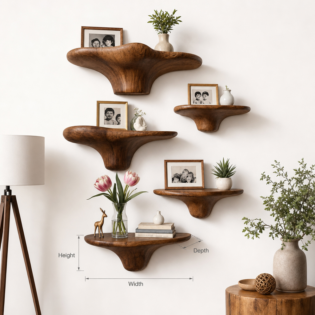 Handcrafted Rustic Mushroom Floating Shelf – Live Edge Wooden Wall Décor