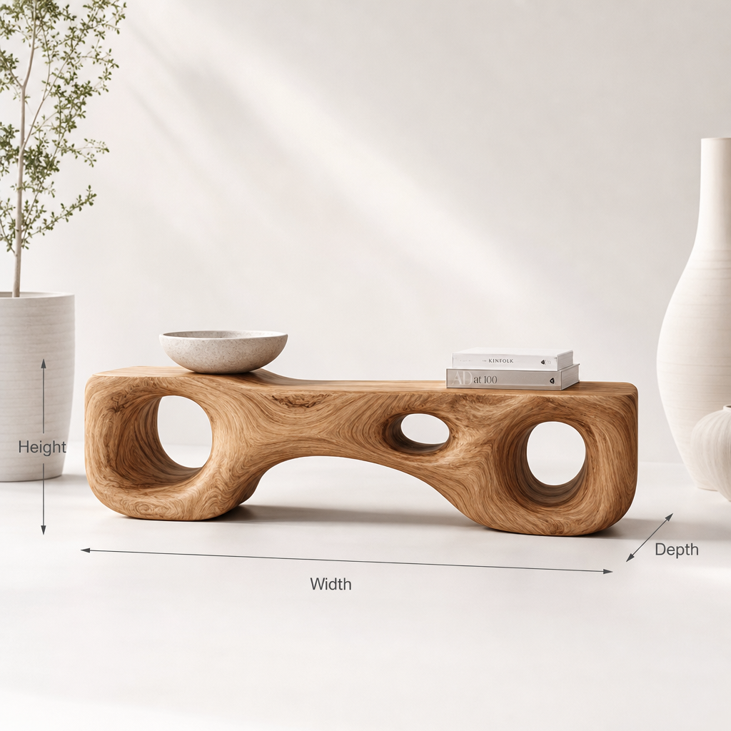 Handcrafted sculptural wood bench designed for elegant bedroom or entryway seating