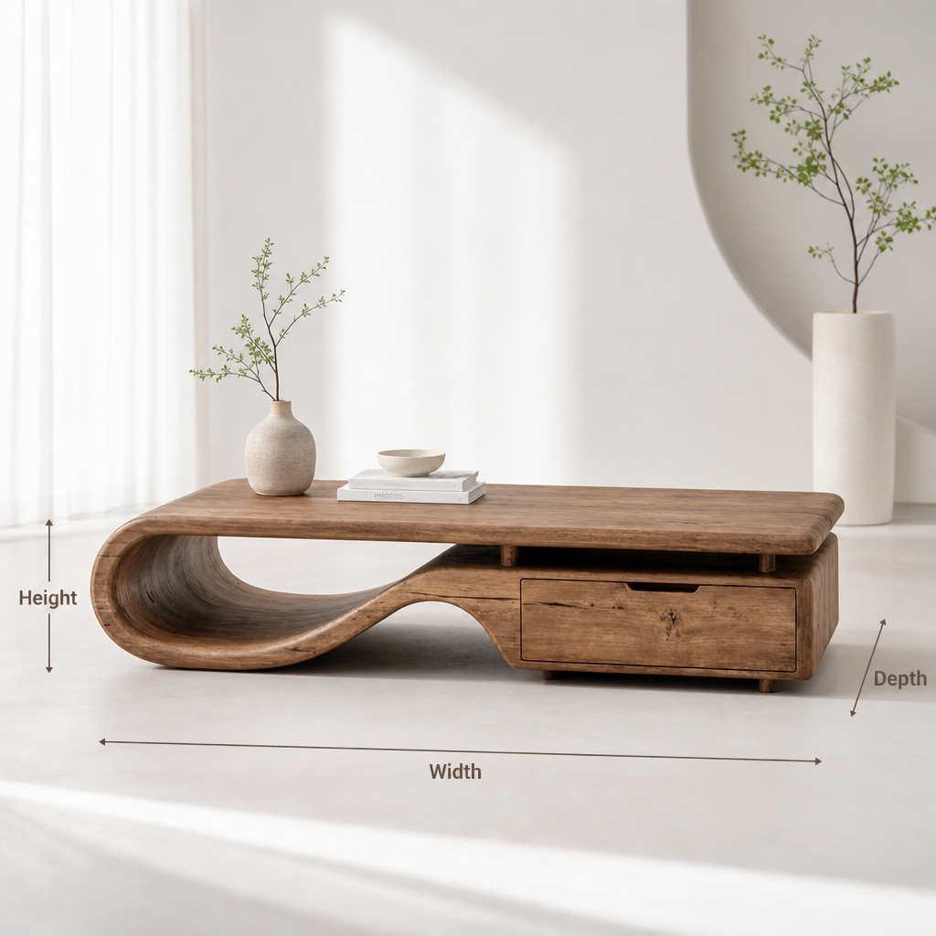 Handcrafted Sculptural Solid Wood Coffee Table with Storage