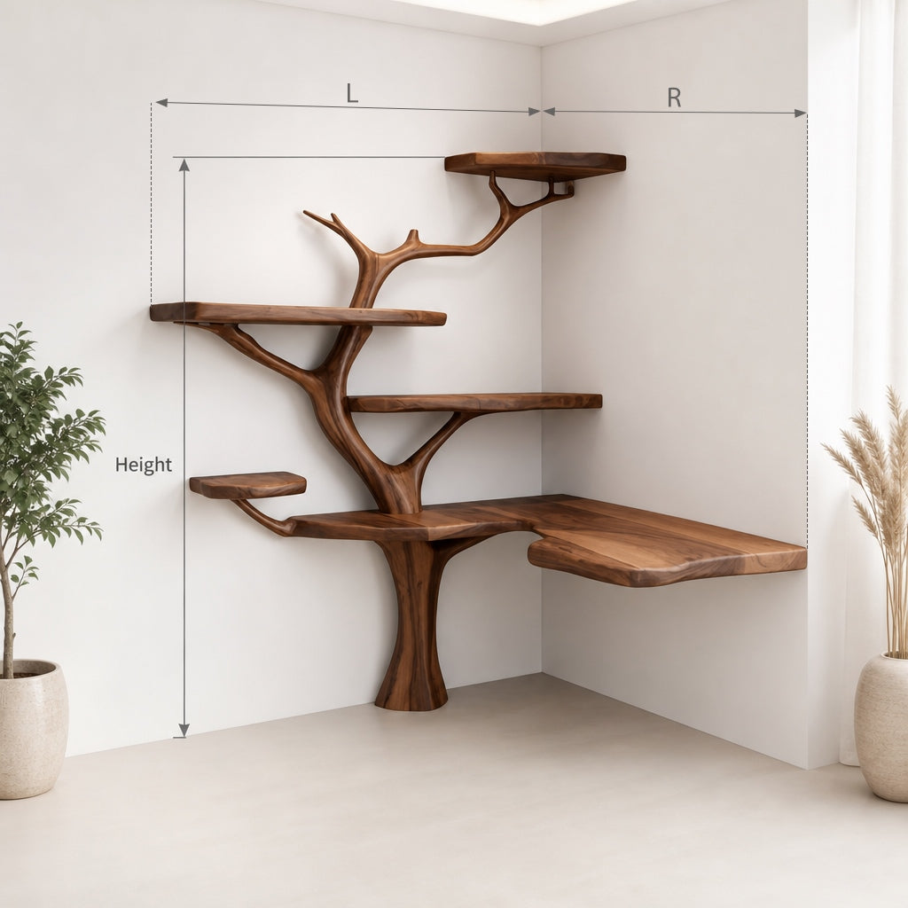 Handcrafted Sculptural Tree Bookshelf – Artistic Solid Wood Branch Floating Shelf